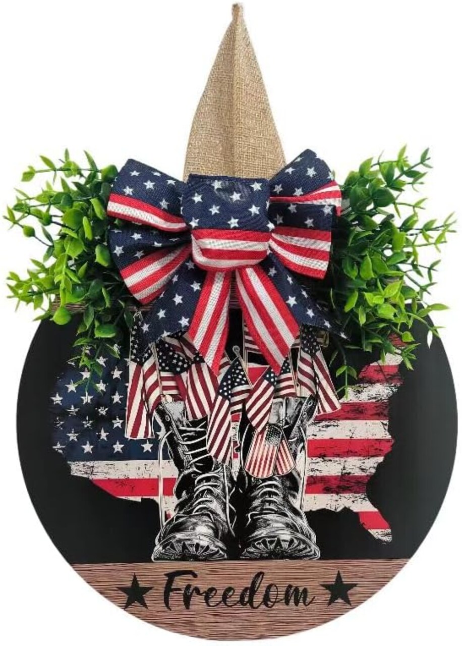 Patriotic Wreath July 4th , Memorial Day Door Decorations – 3D Independence Day Wreath with Flag, Military Boots & Faux Greenery